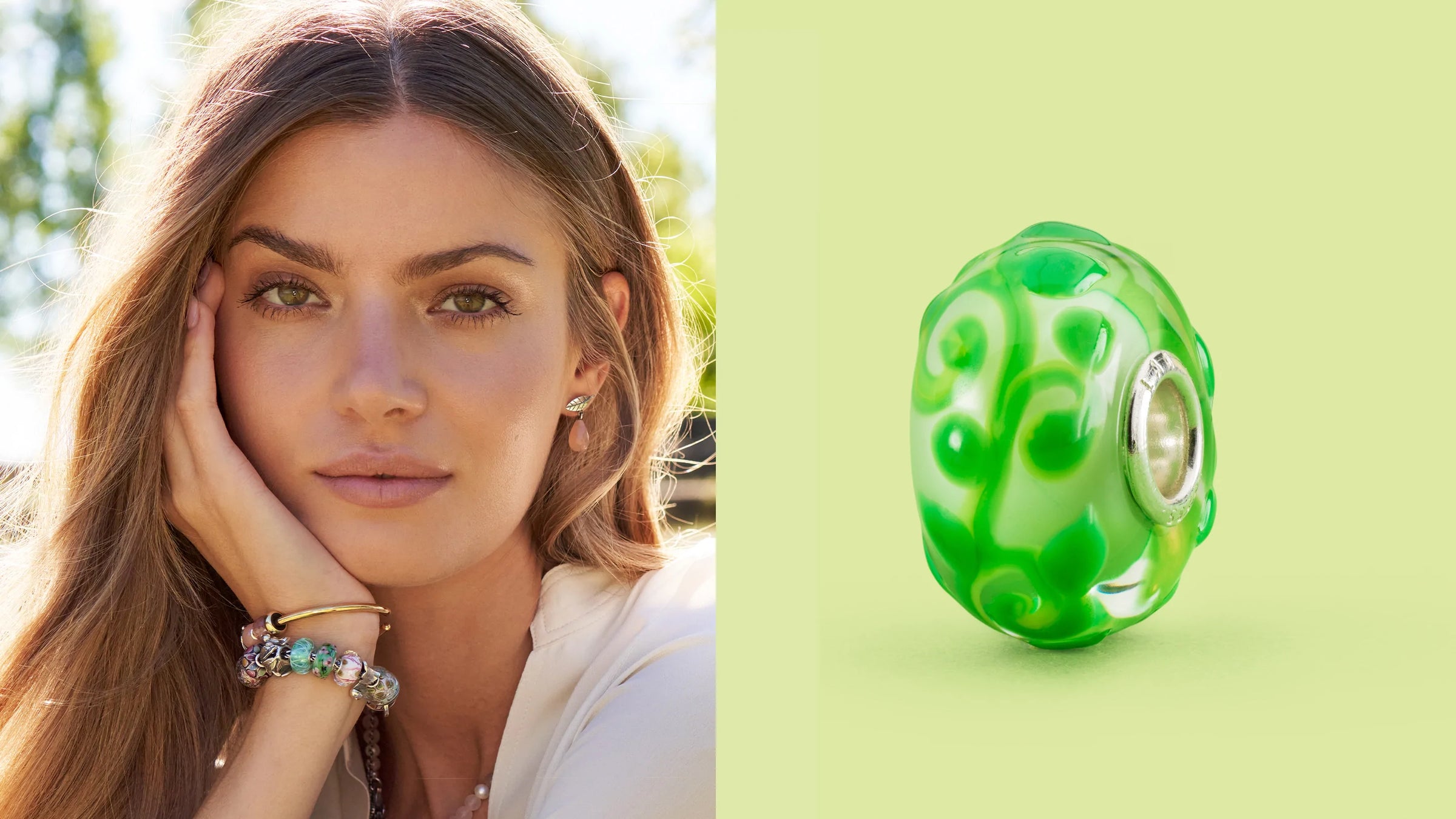 Magic bean jewelry glass bead in green with model